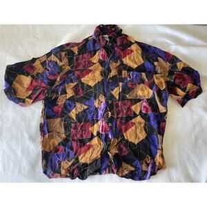 Vintage 90s Whooo's Shirt Mens Button Up Abstract USA Rayon Purple Blue Medium